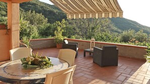 Une terrasse avec une table ronde et des chaises, des plantes en pot et une vue sur une colline verdoyante.