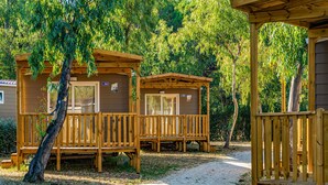 A campsite with wooden cabins, a gravel path, and surrounding trees.