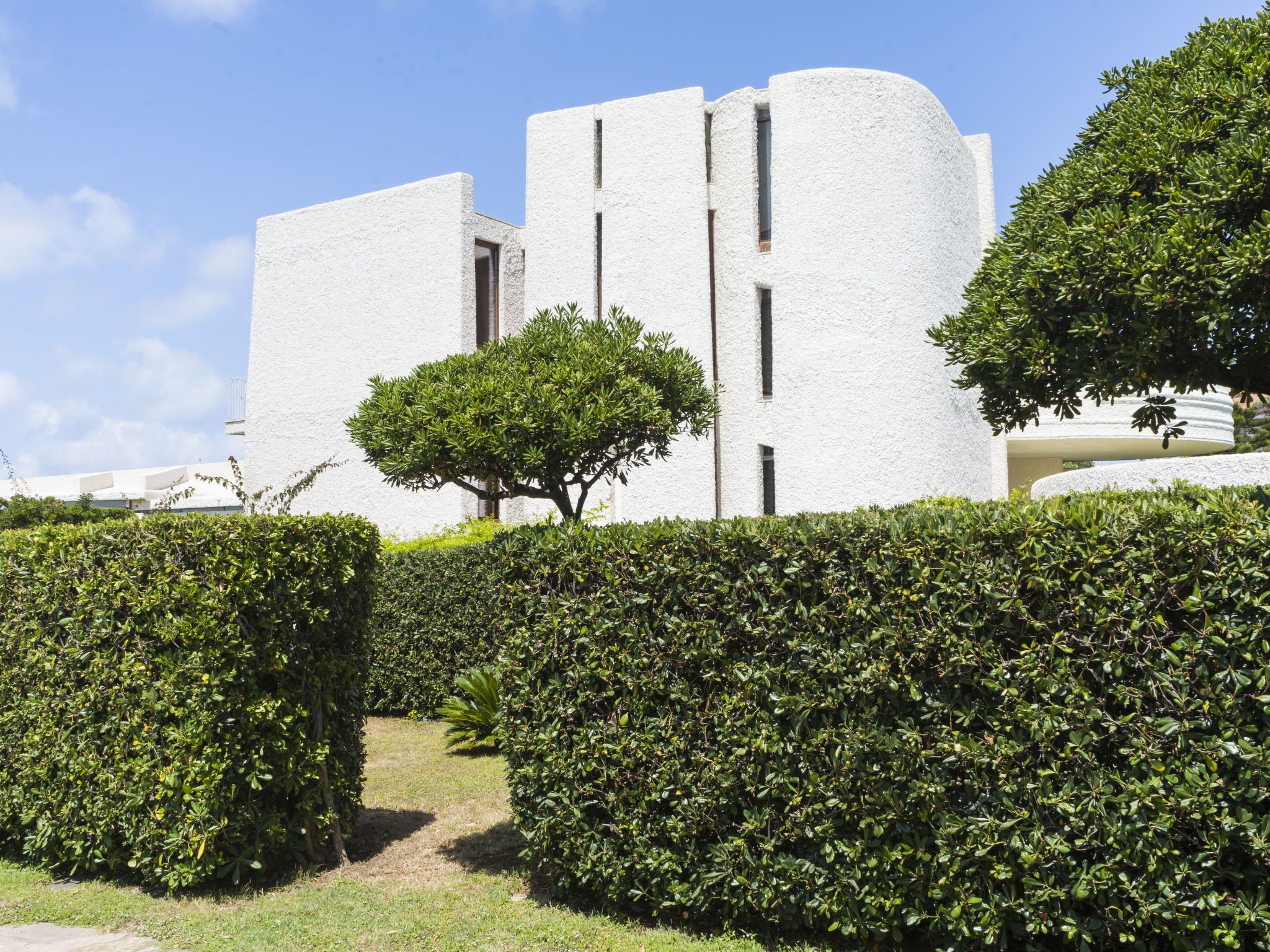 Un edificio moderno con facciata bianca, circondato da siepi curate e un albero solo.