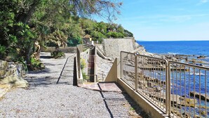 A coastal walkway with a stone staircase leading to a rocky shoreline.
