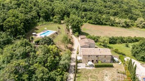 Une villa entourée d’une végétation luxuriante et dotée d’une piscine.