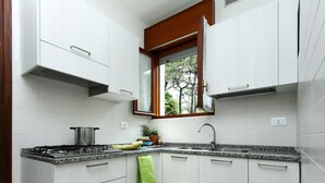 Una cocina moderna con armarios blancos, una estufa a gas, un lavamanos y una ventana con vistas a árboles.