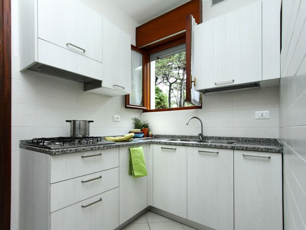 A modern kitchen with white cabinets, a gas stove, a sink, and a window with a view of trees.