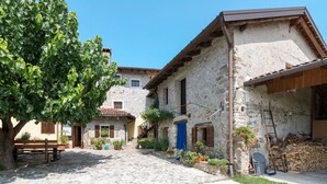 A stone building with a blue door, a wooden bench, and a tree in the foreground. - Al Rustico by Interhome (San Giovanni al Natisone)