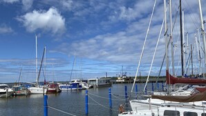A marina with multiple sailboats docked, connected by ropes to blue bollards. - Apartment Helene by Interhome (Ribnitz-Damgarten)