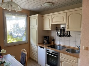 Fridge, oven, dishwasher, cookware/dishes/utensils