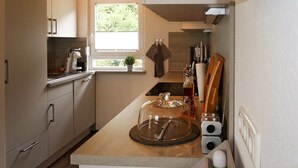 A compact kitchen with a window, wooden cabinets, a countertop, and a small potted plant. - Vacation home Caro by Interhome (Kirburg)