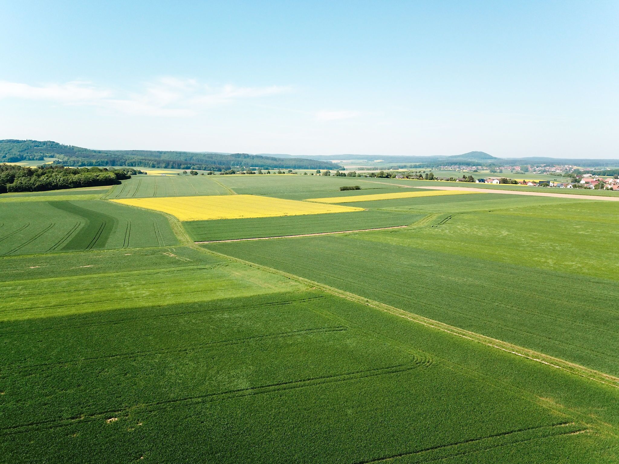 Une vue aérienne d’un vaste champ agricole, divisé en différentes sections de cultures vertes et jaunes, entouré de collines douces et de bâtiments situés au loin.