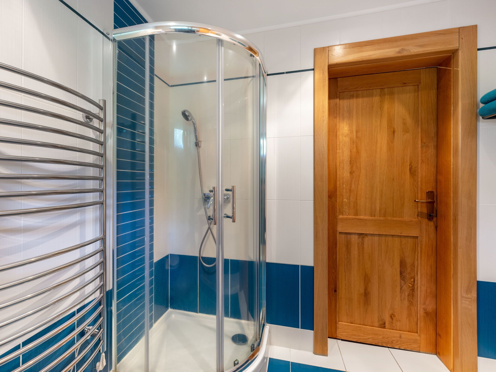 A shower with a glass enclosure, a wooden door, and a towel rack.