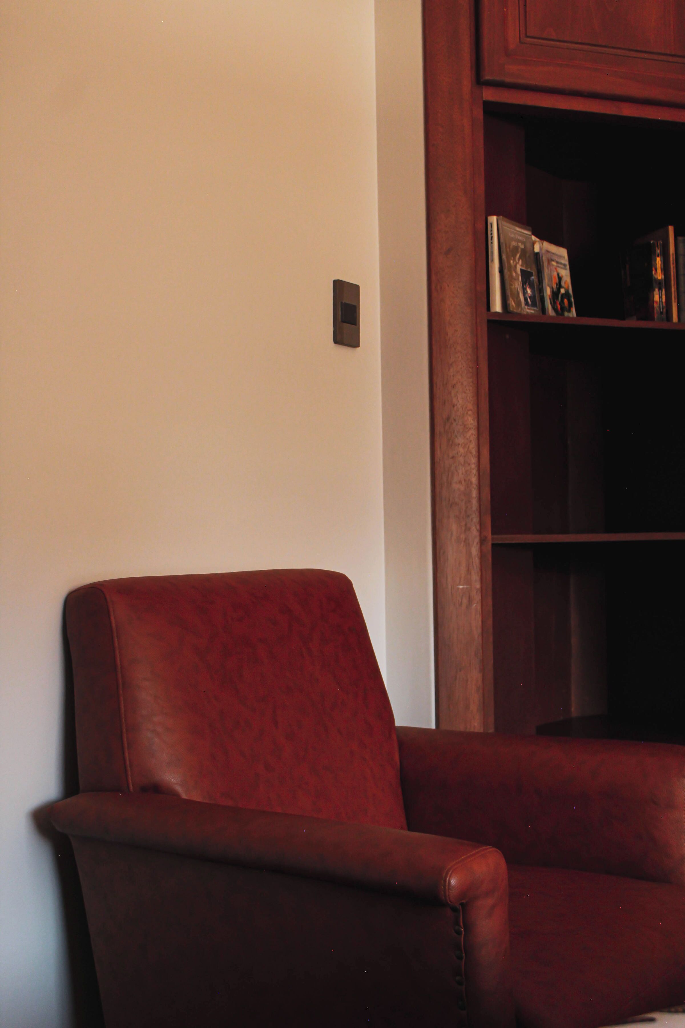 A leather armchair in a room with a wooden bookshelf.