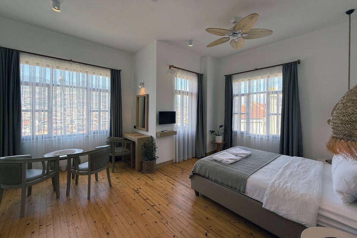Une chambre d’hôtel équipée d’un lit, d’un bureau, d’une chaise et d’un ventilateur de plafond.