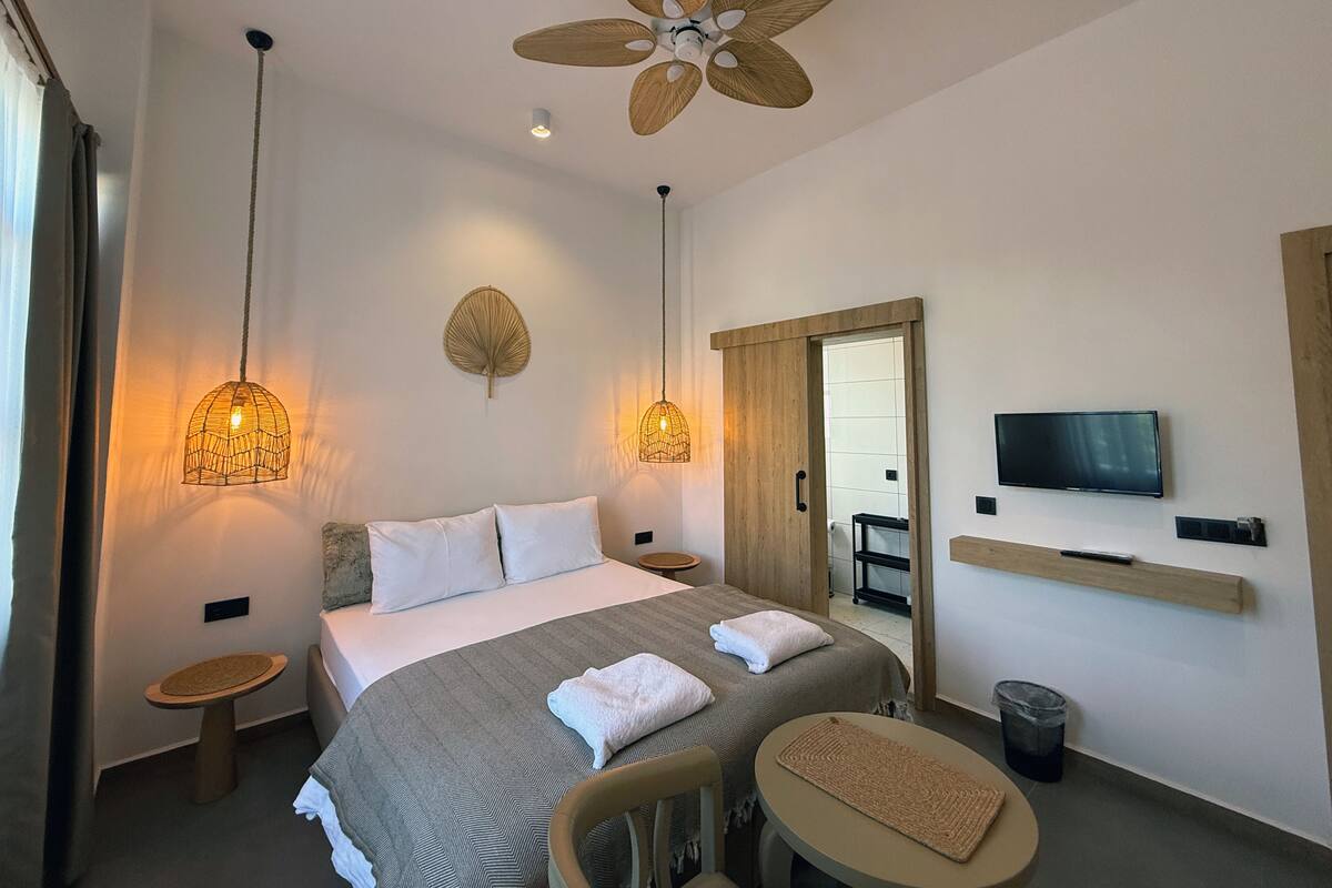 Une chambre d’hôtel comprenant un lit, deux tables de chevet, une chaise, une petite table, un téléviseur, un ventilateur de plafond et un miroir.