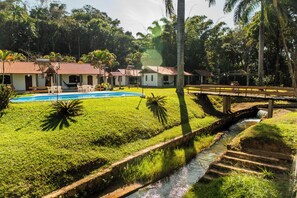 A pool area with a small stream, palm trees, and a bridge. - Pousada Tapera (Itatiaia)