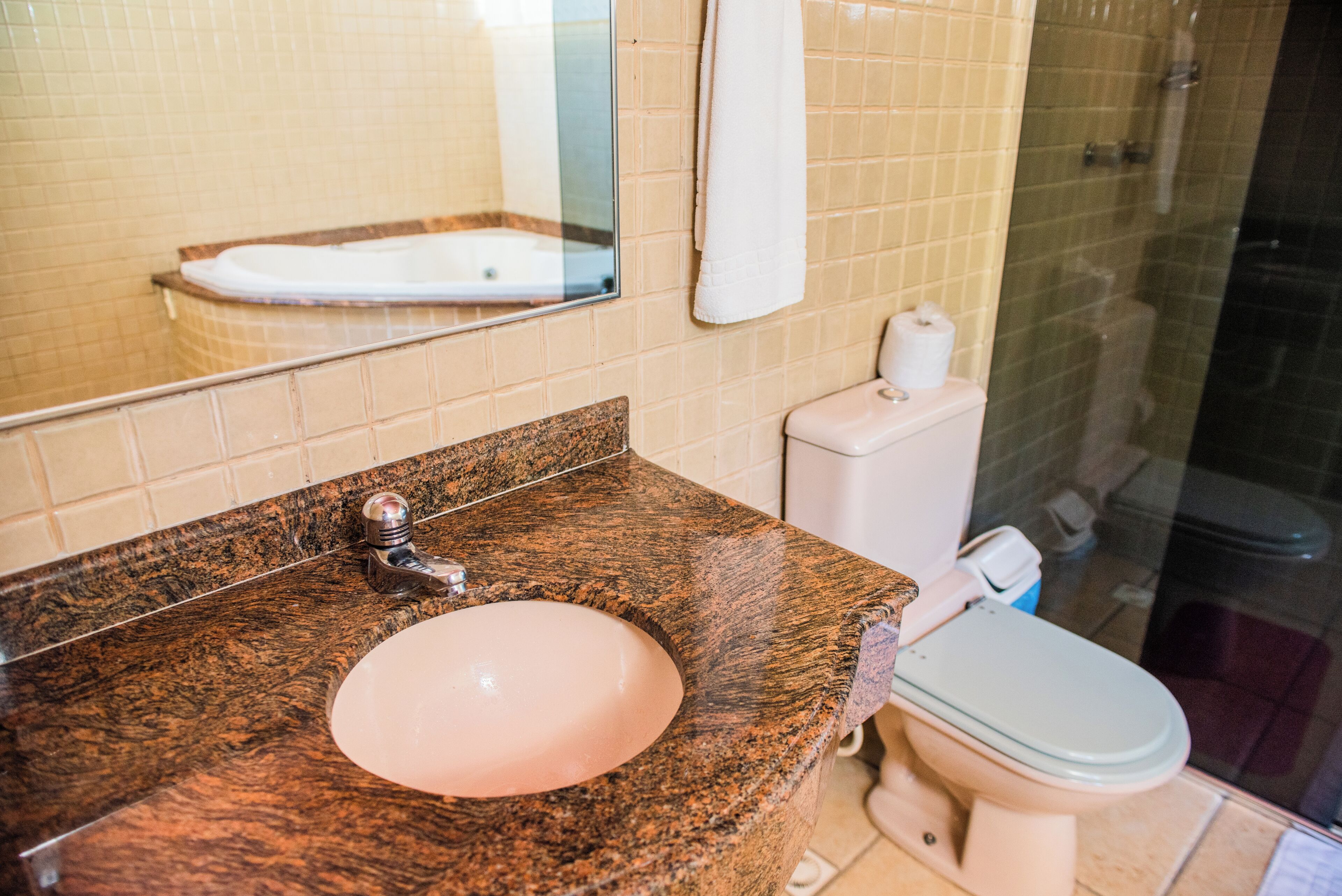 A bathroom with a granite countertop sink, a mirror, a toilet, and a glass shower enclosure.