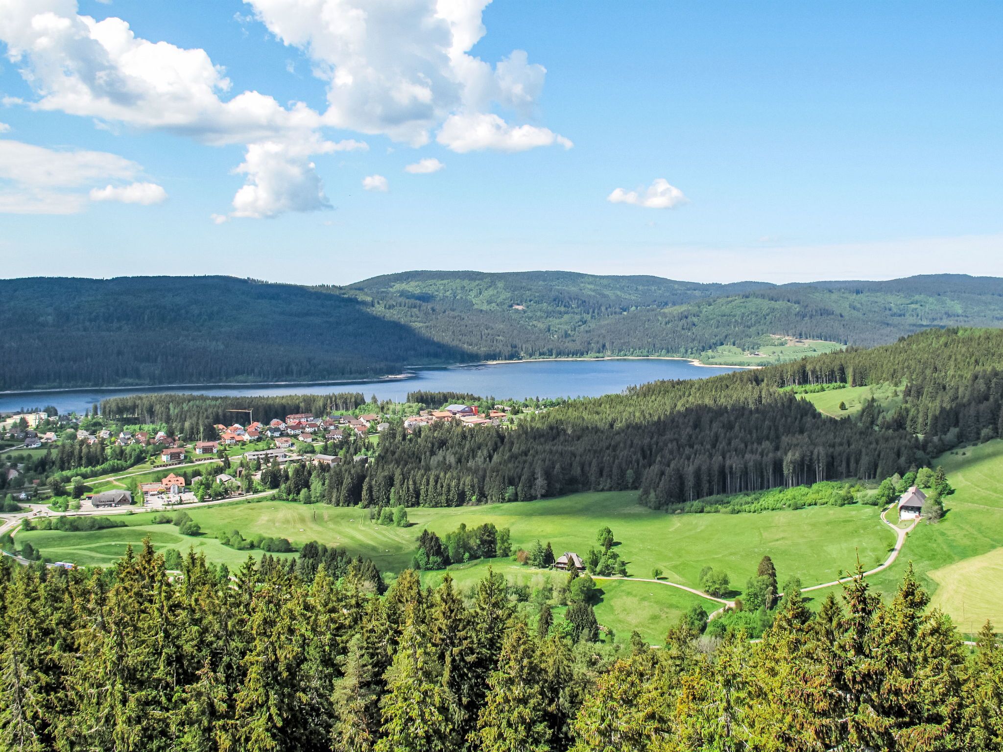 Un village au bord d’un lac, avec des maisons et une colline boisée en arrière-plan.