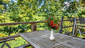 Een houten tafel met een witte vaas gevuld met rode bessen en groene bladeren, buiten geplaatst met een houten hek en bomen op de achtergrond.