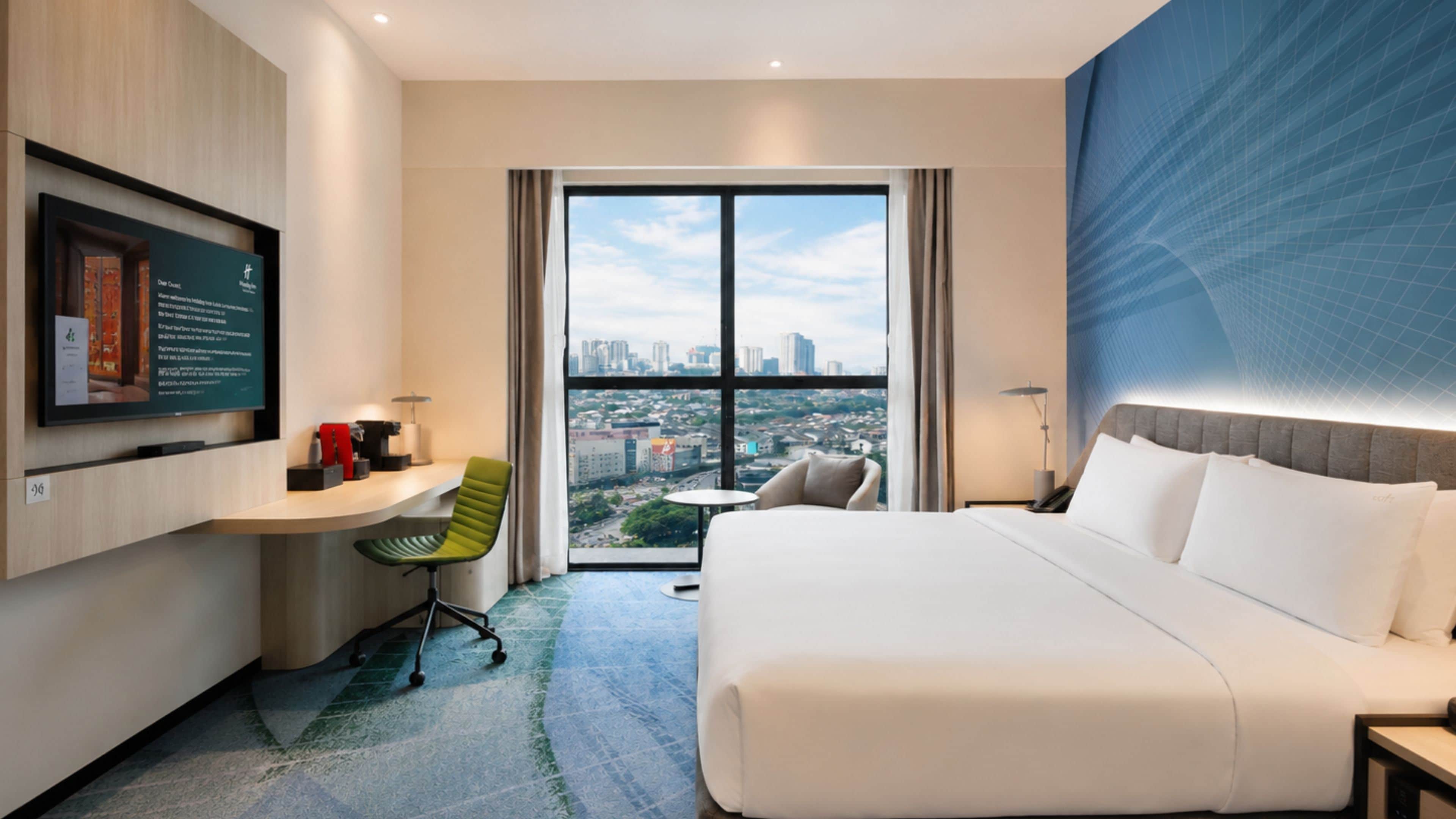 A hotel room with a bed, desk, chair, and a large window offering a city view.