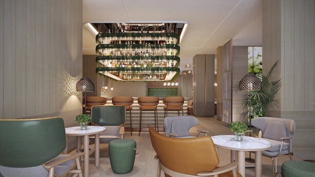 A modern interior with a bar area, seating with round tables, and a unique hanging light fixture. - EVEN Hotel Linyi Airport Zone by IHG (Linyi)