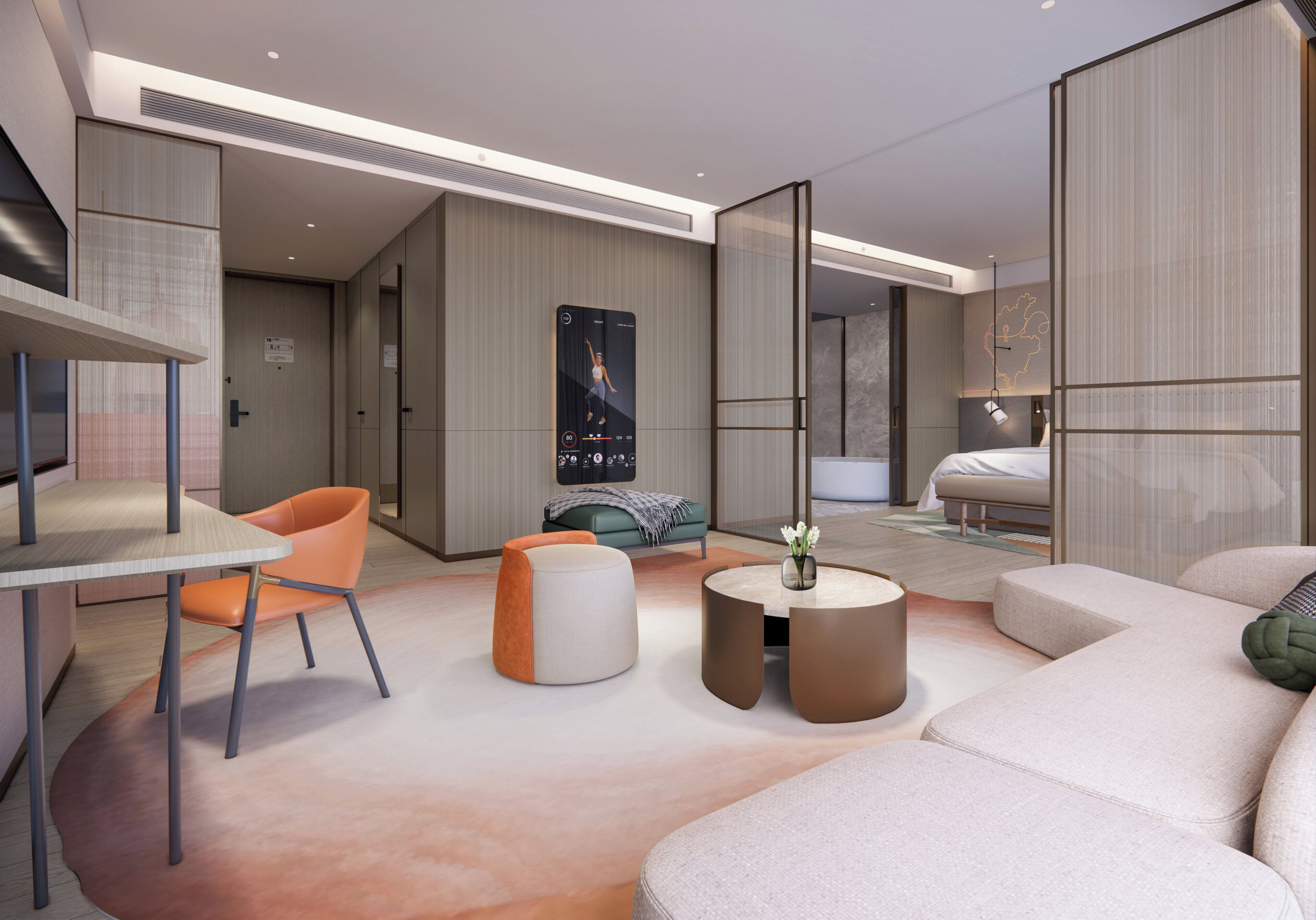 A modern hotel room with a sofa, a round coffee table, a dining table with a chair, and a bed.