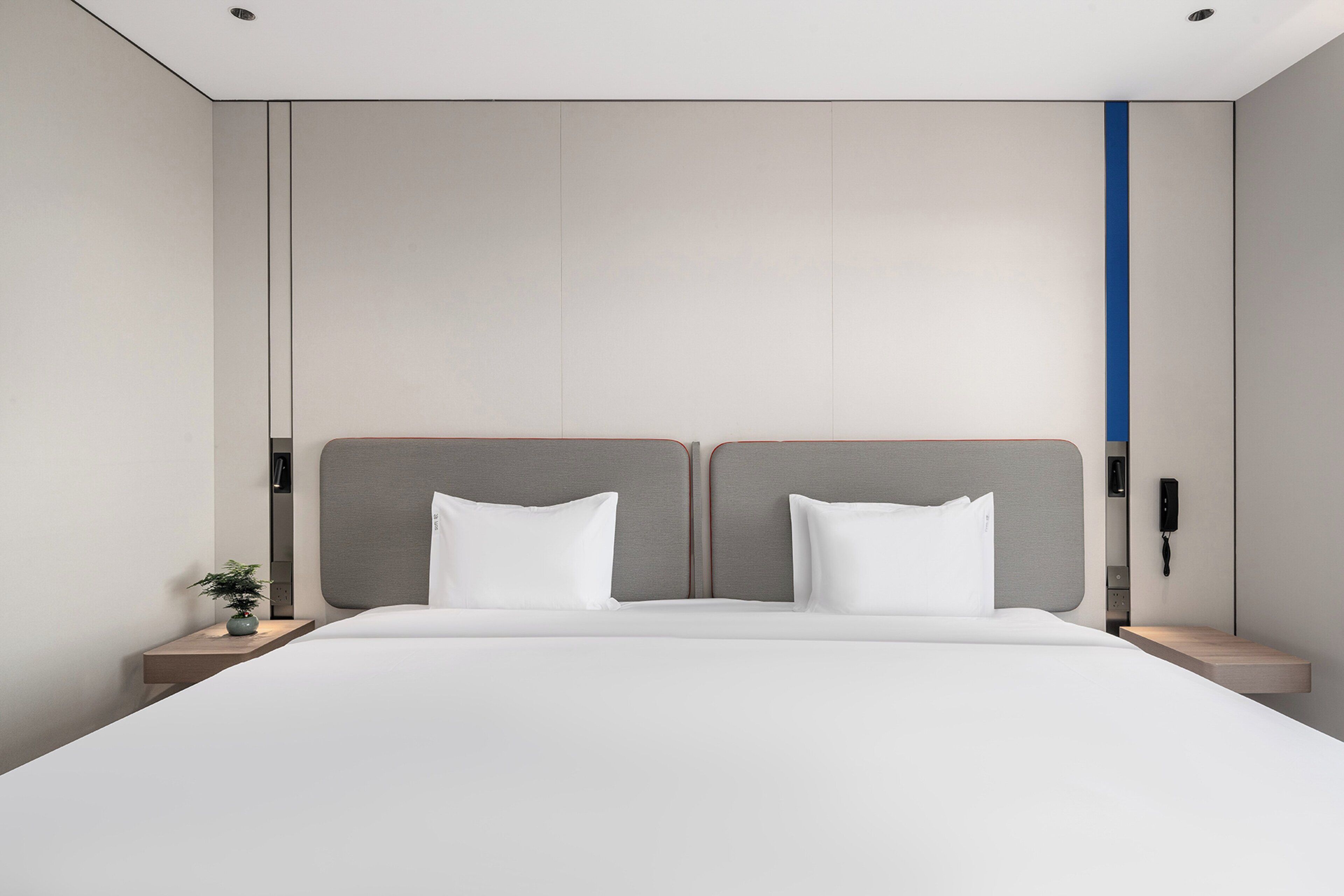 A modern hotel room with a large bed, bedside tables, a wall-mounted phone, and a small plant.