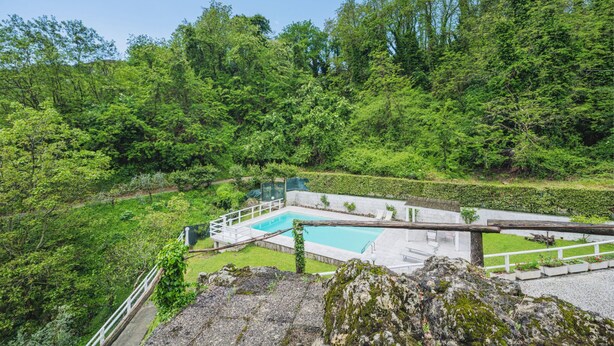 A pool area with a view of a forested hillside.