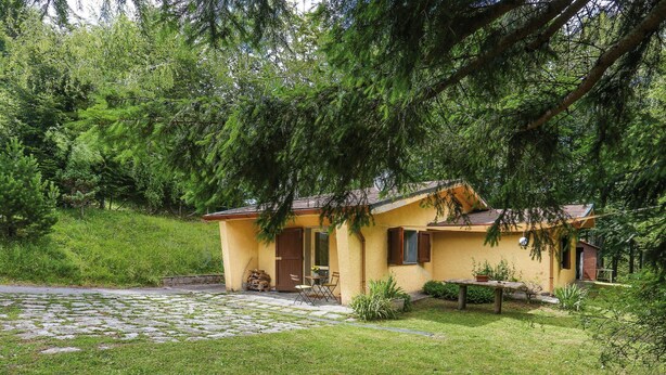 A cozy yellow cottage with a stone patio, surrounded by lush greenery and trees. - Al Faggio (GLL120) by Interhome (Sillano)