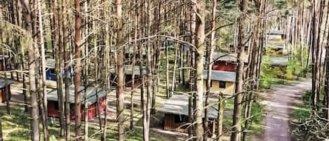 A forested area with multiple cabins, each with a small porch and a sloped roof.