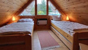 A cozy attic bedroom with two beds, a window with curtains, and a small heater. - Zum Stolpseefischer by Interhome (Himmelpfort)
