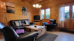 A cozy cabin interior with a wooden ceiling, a leather sofa, a television, and a window with curtains. - Zum Stolpseefischer by Interhome (Himmelpfort)