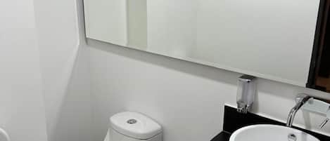 A modern bathroom with a toilet, sink, and mirror.
