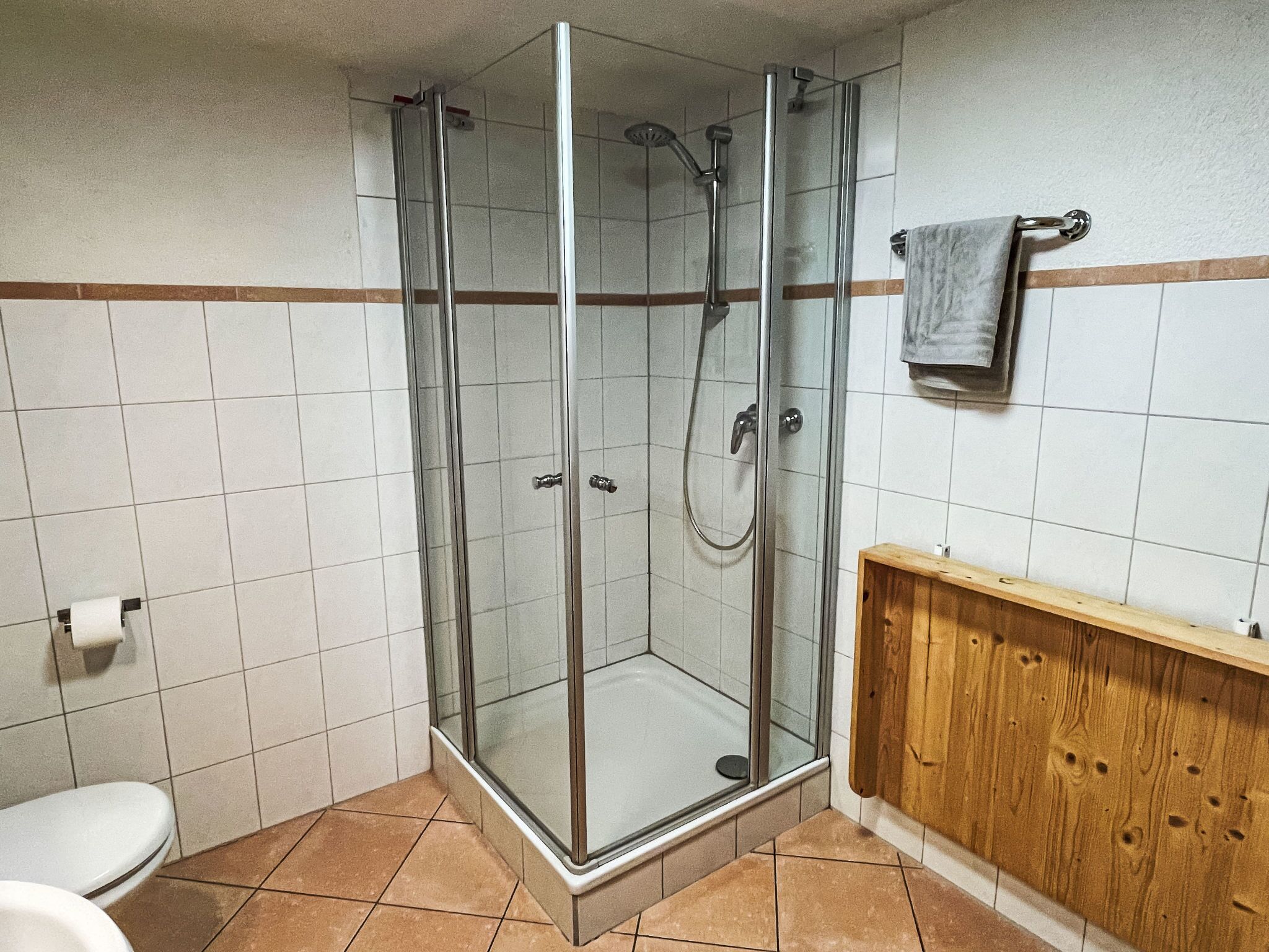 A shower with a glass door, a toilet, and a wooden vanity with a towel hanging on the wall.