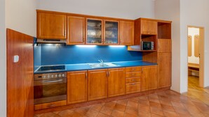 A compact kitchen with wooden cabinets, a built-in oven, a microwave, and a blue countertop. - Base Camp 1 by Interhome (Desná v Jizerských horách)