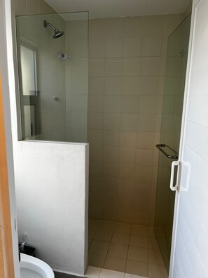 Shower, towels, soap, toilet paper