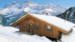 A wooden cabin with a sloped roof, surrounded by snow-covered mountains. - Vacation home Naulaz by Interhome (Les Crosets)