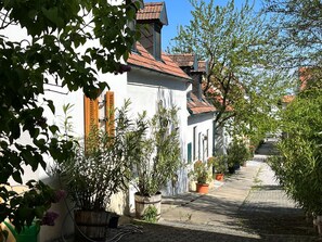 Kapea mukulakivikatu, jonka varrella on valkoisia rakennuksia, puiset ikkunaluukut ja ruukuissa olevia kasveja.