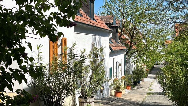 Kapea mukulakivikatu, jonka varrella on valkoisia rakennuksia, puiset ikkunaluukut ja ruukuissa olevia kasveja.