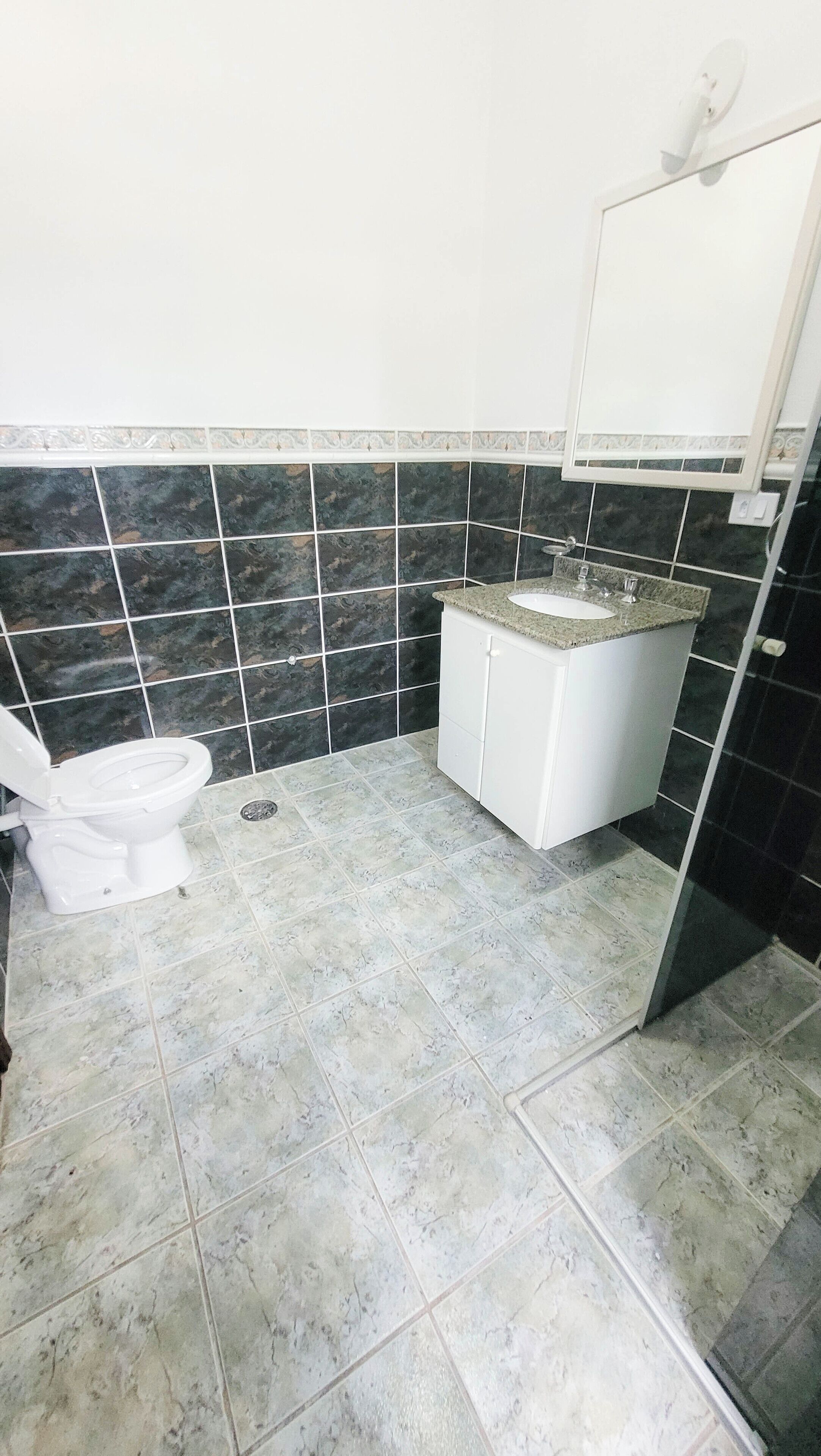 A bathroom with a toilet, a sink, and a mirror.