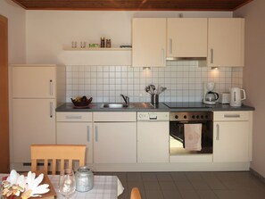 Fridge, oven, dishwasher, cookware/dishes/utensils