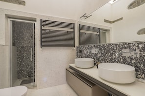 Shower, hair dryer, bidet, towels