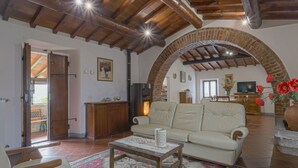 A spacious living room with a high wooden ceiling, a fireplace, a sofa, a coffee table, and a TV in the background.