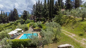 A pool area with a clear blue pool, surrounded by lush greenery and tall trees. - San Rocco by Interhome (Greve in Chianti)