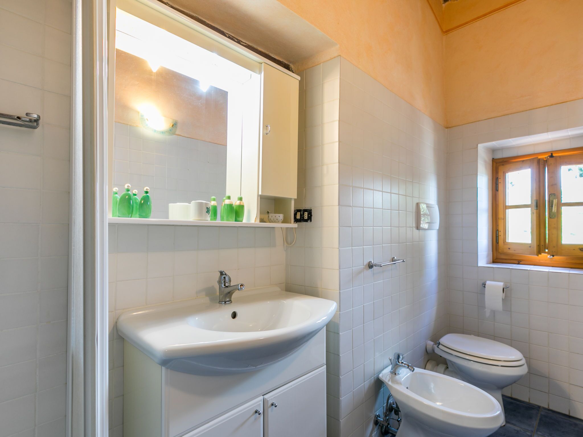 A bathroom with a white sink, a mirror, and a toilet. There are green bottles on the shelf above the sink.