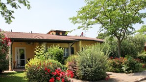 A yellow house with a red-tiled roof, surrounded by lush greenery and flowering plants.