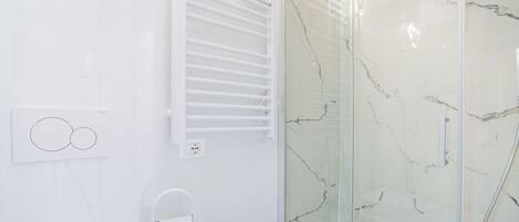 Shower, hair dryer, bidet, towels