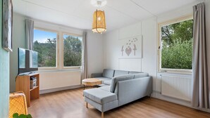 A modern living room with a grey sofa, a wooden coffee table, and a flat-screen TV on a wooden stand. There are large windows with curtains, a radiator, and a hanging light fixture. - Lužnice by Interhome (Tyn nad Vltavou)