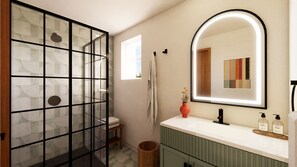 Hair dryer, towels, soap, shampoo