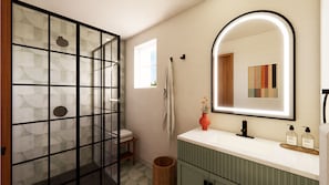 Hair dryer, towels, soap, shampoo