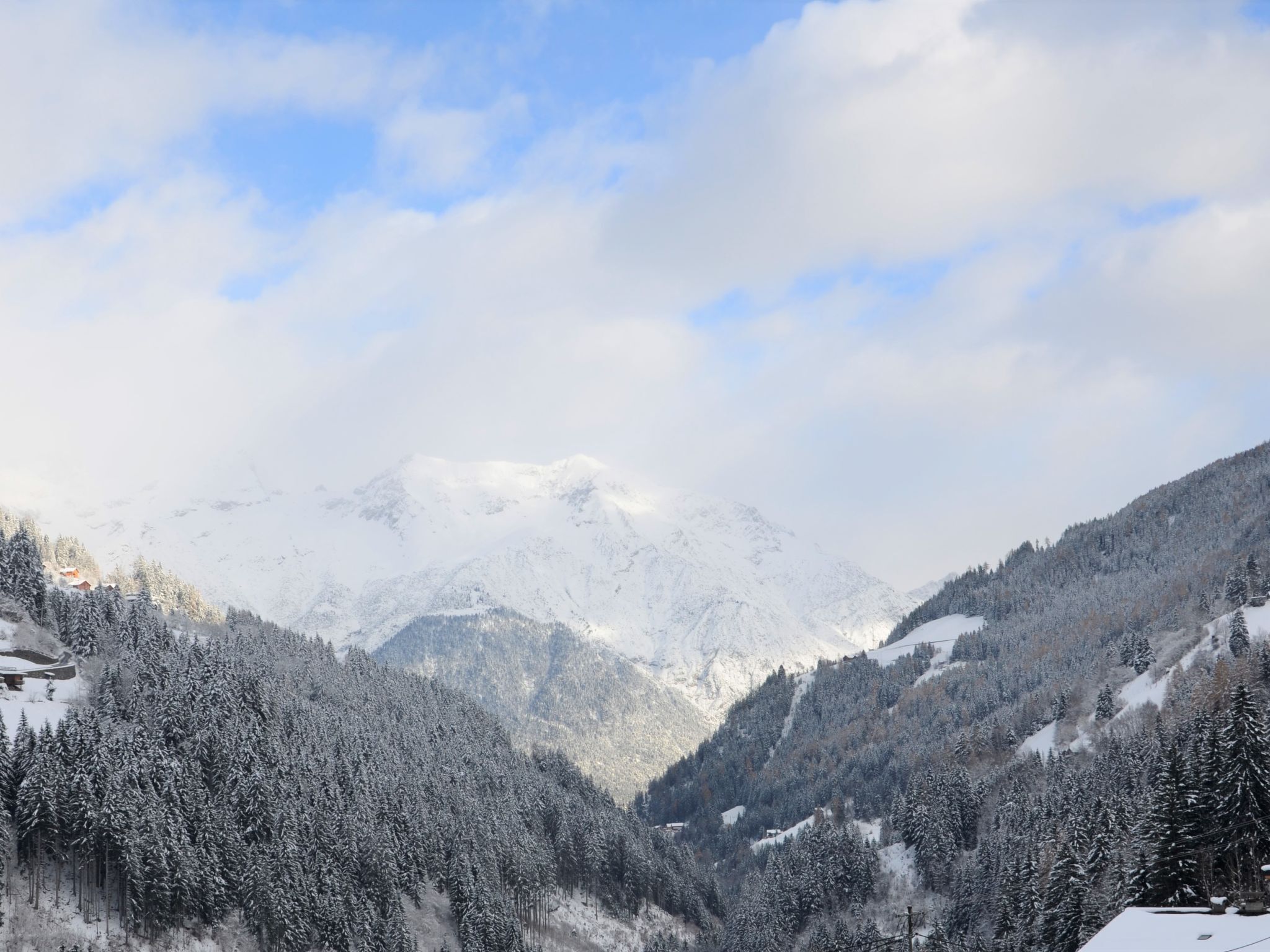 A mountainous landscape with snow-covered trees and a clear sky.