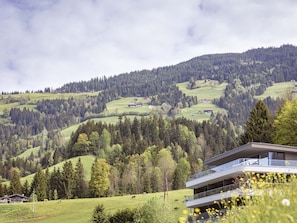 A modern building with a flat roof and large windows, surrounded by green fields and trees.
