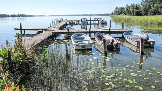A dock with several boats, a wooden pier, and a calm lake with lily pads. - Lindby Pärlan by Interhome (Adelsö)